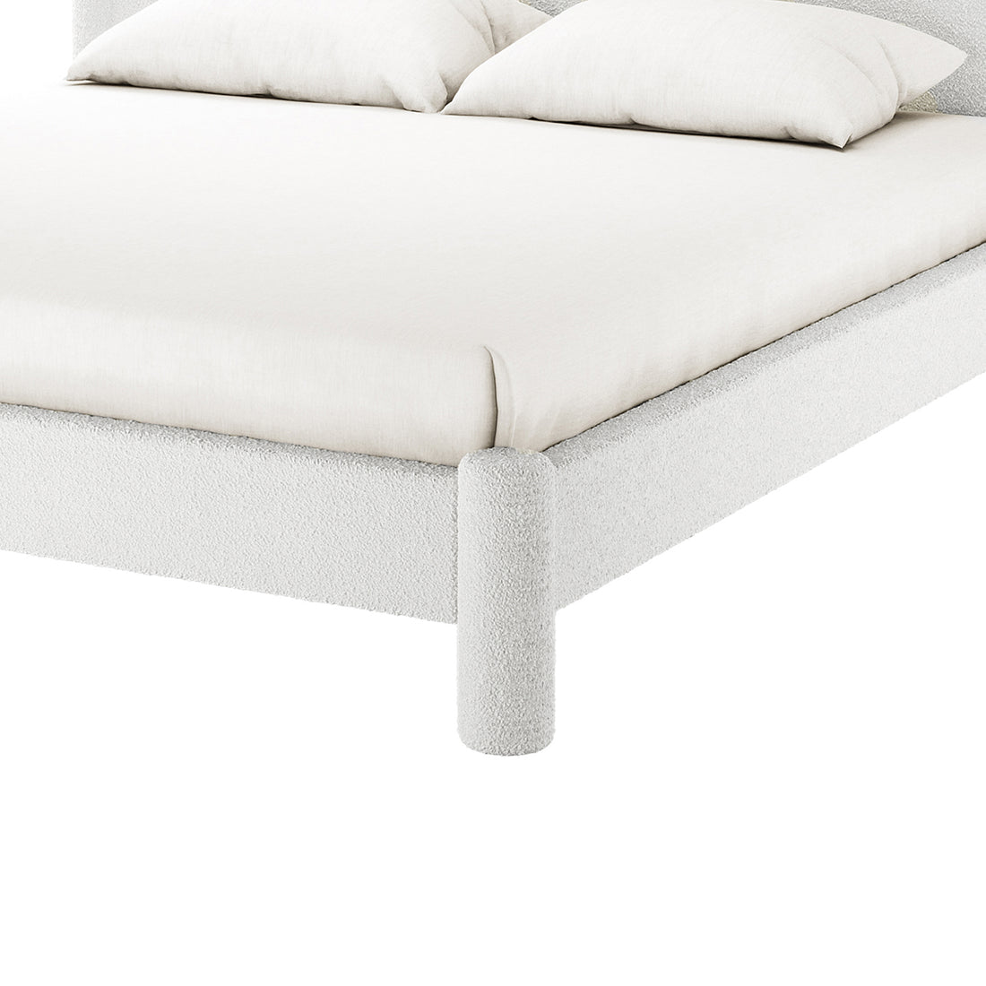 Rhoda King Upholstered Bouclé Bed – Cream White, showcasing its plush, rounded headboard and full cream fabric upholstery, framed in solid wood with metal support, exuding luxury and stability.