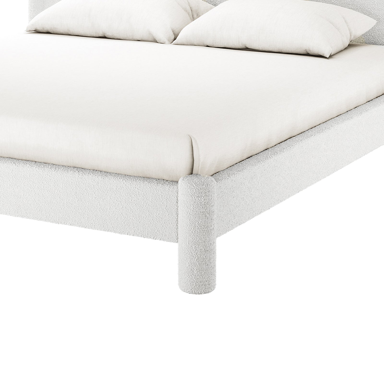 Rhoda King Upholstered Bouclé Bed – Cream White, showcasing its plush, rounded headboard and full cream fabric upholstery, framed in solid wood with metal support, exuding luxury and stability.