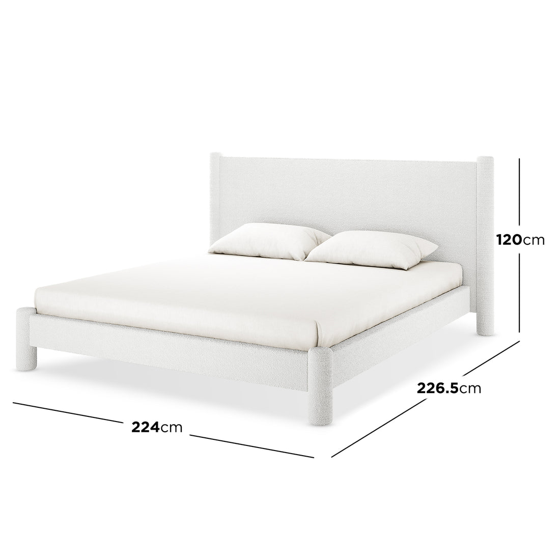 Rhoda King Upholstered Bouclé Bed in Cream White, featuring a soft, rounded headboard and fully upholstered frame, showcasing its plush bouclé fabric texture and luxurious design.