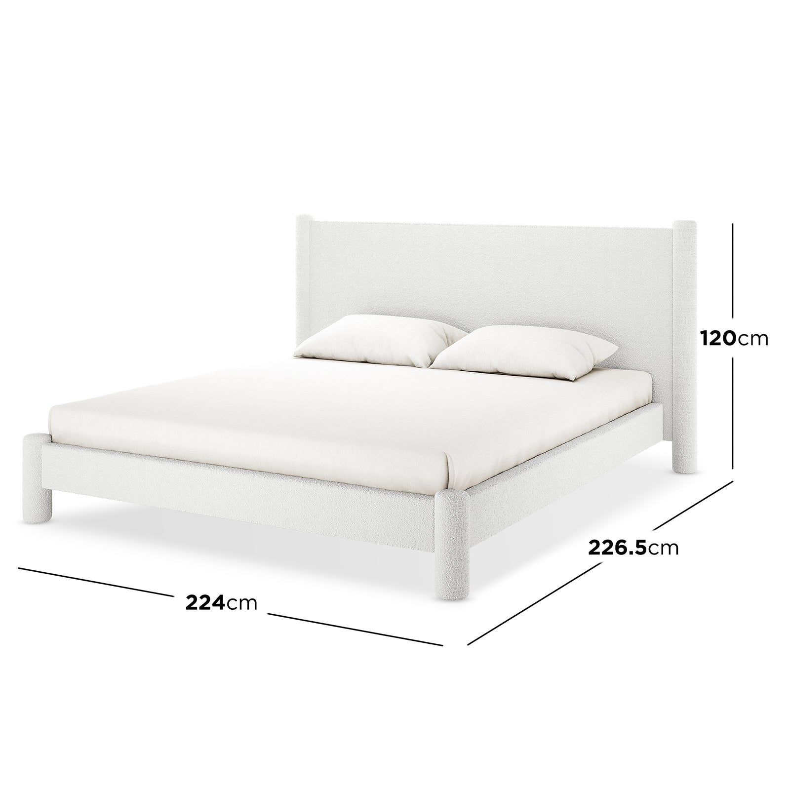 Rhoda King Upholstered Bouclé Bed in Cream White, featuring a soft, rounded headboard and fully upholstered frame, showcasing its plush bouclé fabric texture and luxurious design.