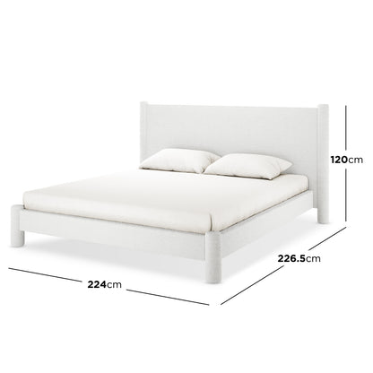 Rhoda King Upholstered Bouclé Bed in Cream White, featuring a soft, rounded headboard and fully upholstered frame, showcasing its plush bouclé fabric texture and luxurious design.