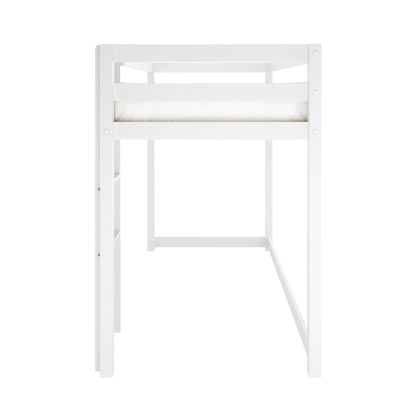 Ross Solid Pine Wood Bunk Bed with Storage in White, featuring a raised sleeping platform with guardrails, integrated ladder, and open space below. Built-in storage shelving is visible on the right side.