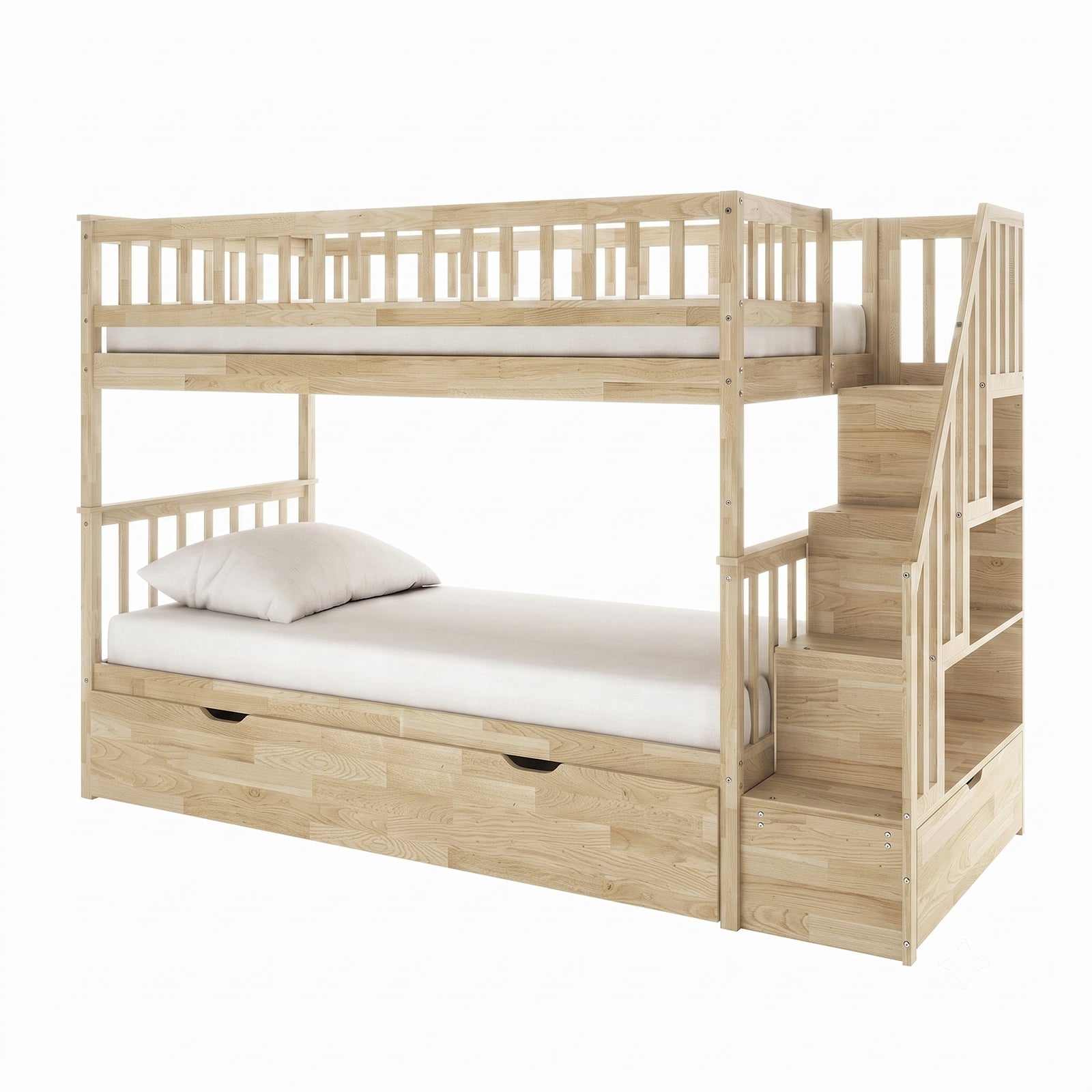 Sabbie Hardwood Single Storage Bunk Bed in Natural features a light wood frame with built-in storage stairs, safety rails on the top bunk, and a pull-out drawer at the base.