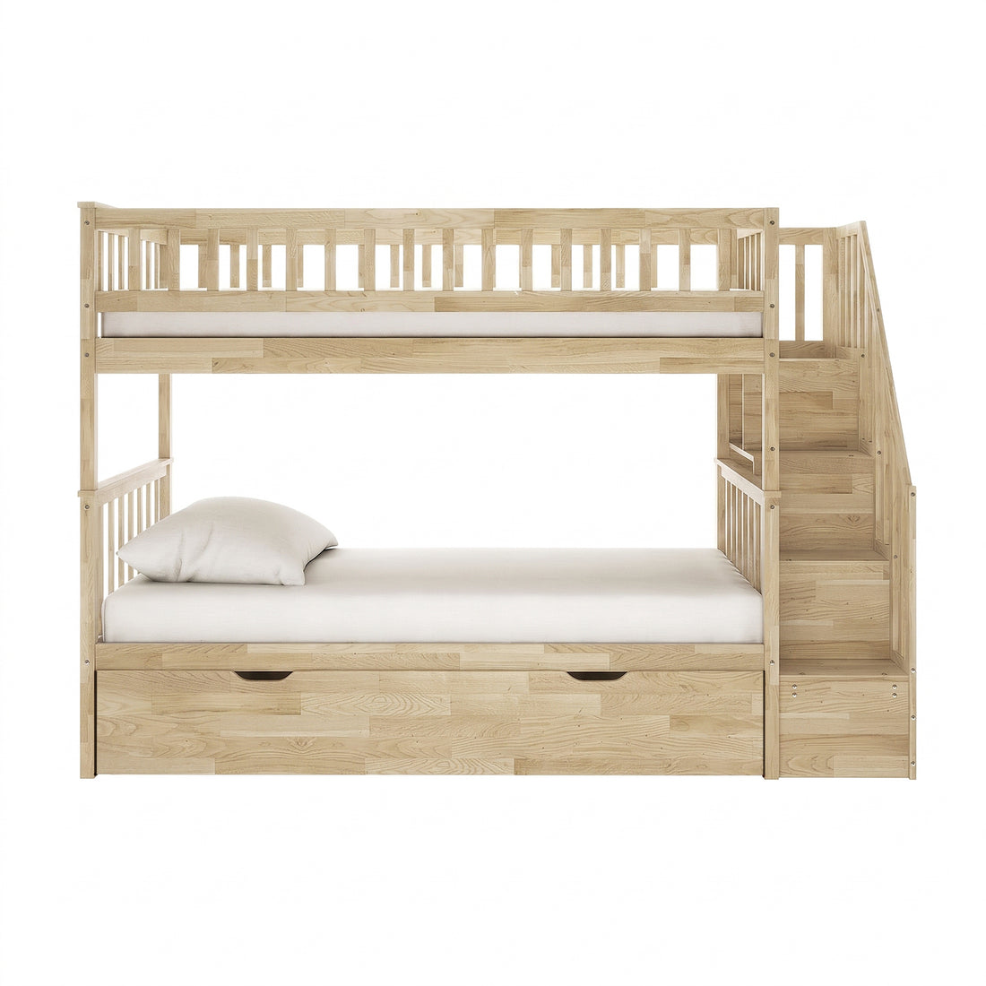 Sabbie Hardwood Single Storage Bunk Bed in Natural features a two-tier design with slatted guardrails, a mattress on the lower bunk, and a built-in staircase on the right for upper bunk access.