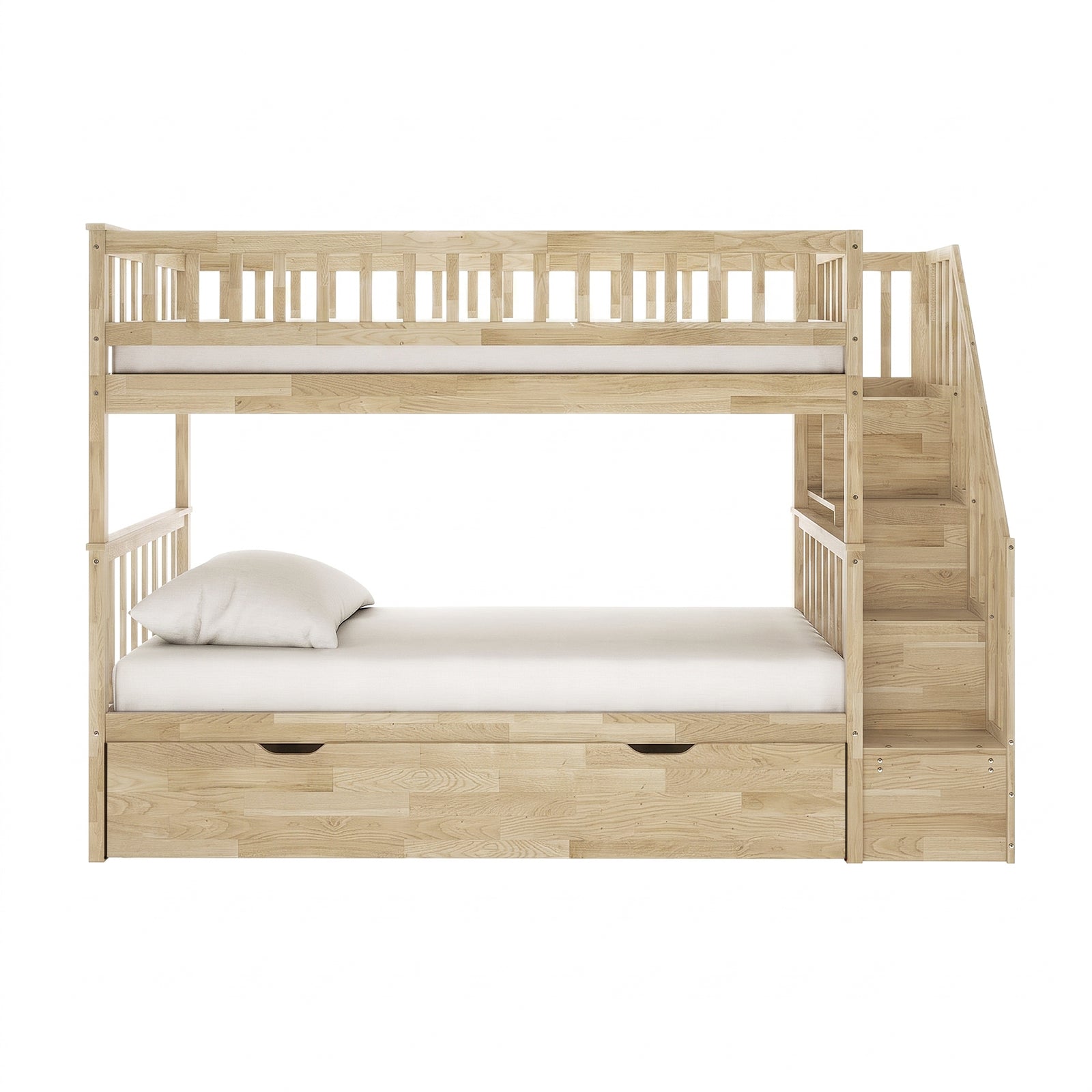 Sabbie Hardwood Single Storage Bunk Bed in Natural features a two-tier design with slatted guardrails, a mattress on the lower bunk, and a built-in staircase on the right for upper bunk access.