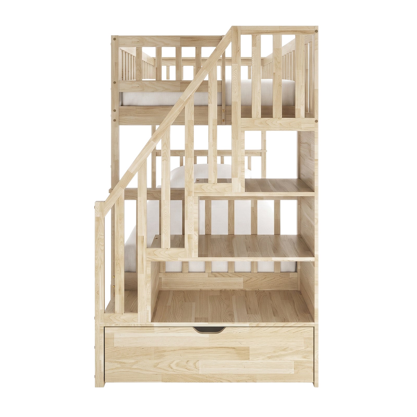 Sabbie Hardwood Single Storage Bunk Bed in Natural featuring two-high beds, vertical slat guardrails, integrated stairway with storage, large trundle drawer, and white mattresses for a space-saving, organized bedroom solution.