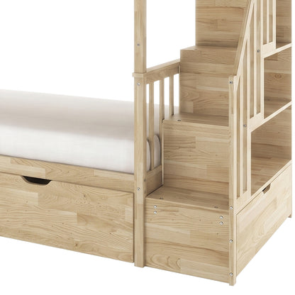 Sabbie Hardwood Single Storage Bunk Bed in Natural features a wooden frame with integrated storage staircase, open shelving cubbies, and pull-out drawer. Lower bunk includes a mattress behind a guardrail.