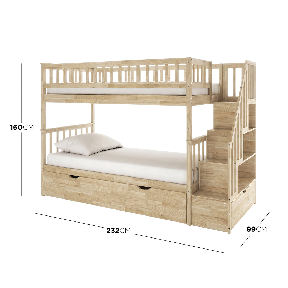 Sabbie Hardwood Single Storage Bunk Bed in Natural features a two-tier frame with safety rails, built-in storage staircase, and sturdy design, perfect for maximizing space in shared or small bedrooms.