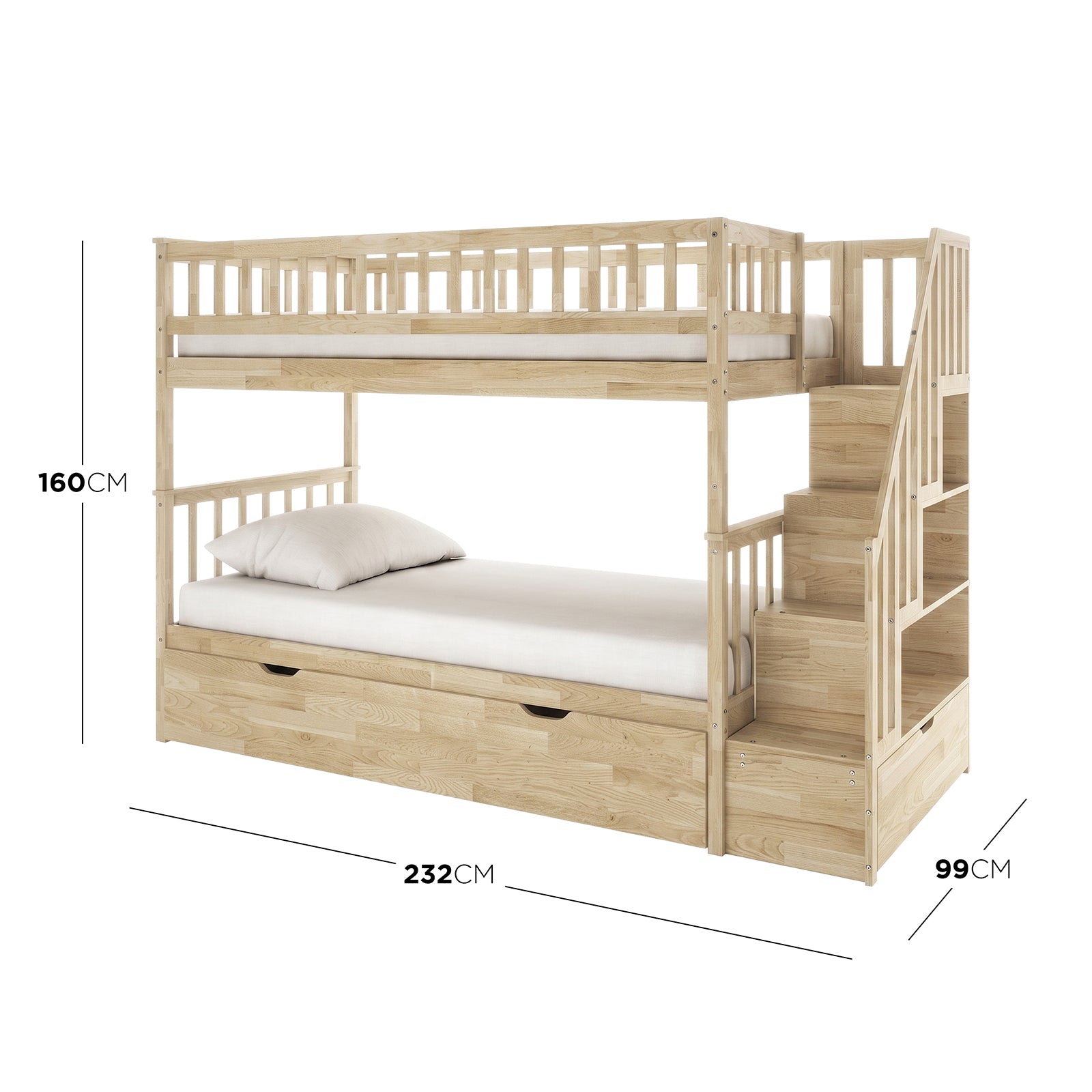 Sabbie Hardwood Single Storage Bunk Bed in Natural features a two-tier frame with safety rails, built-in storage staircase, and sturdy design, perfect for maximizing space in shared or small bedrooms.