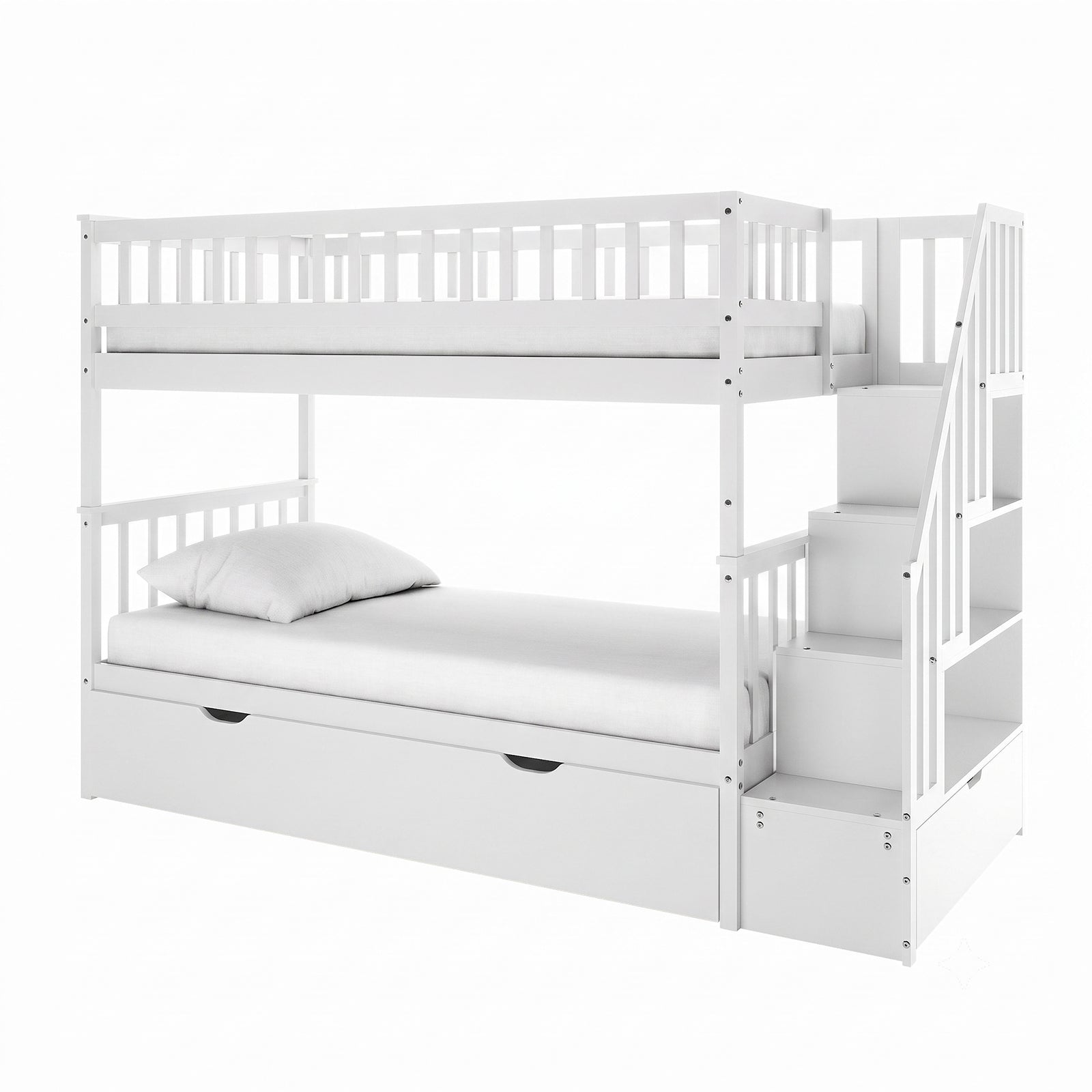 Sabbie Hardwood Single Storage Bunk Bed in White featuring two sleeping platforms, a pull-out trundle, boxed-in stairs with storage cubbies, and mattresses, showcasing a functional space-saving design.