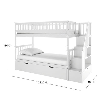 Sabbie Hardwood Single Storage Bunk Bed in White featuring two bunks with guardrails, integrated staircase with storage cubbies, and full-width storage drawer, designed for safety and space-saving functionality.