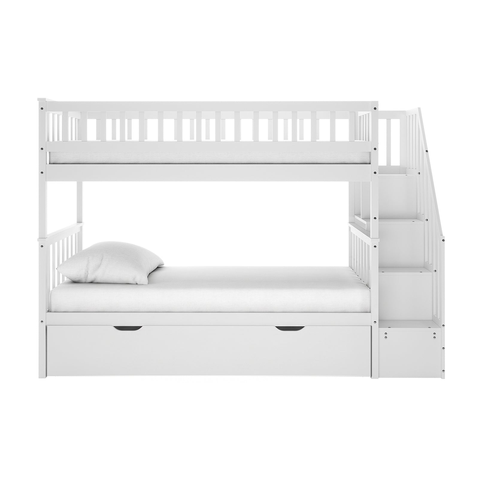 Sabbie Hardwood Single Storage Bunk Bed in White featuring a lower and upper mattress, safety rails, staircase-style storage steps, and a pull-out trundle drawer beneath the bottom bunk.