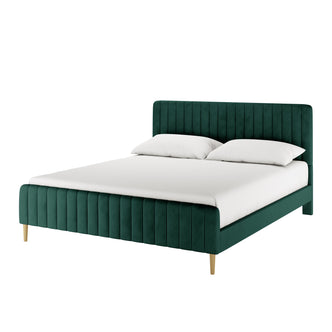 Seneca King Curved Velvet Fabric Bed Frame in Green features a deep green velvet finish with matching headboard and footboard, white sheet and pillows, and stands on four tapered wooden legs.