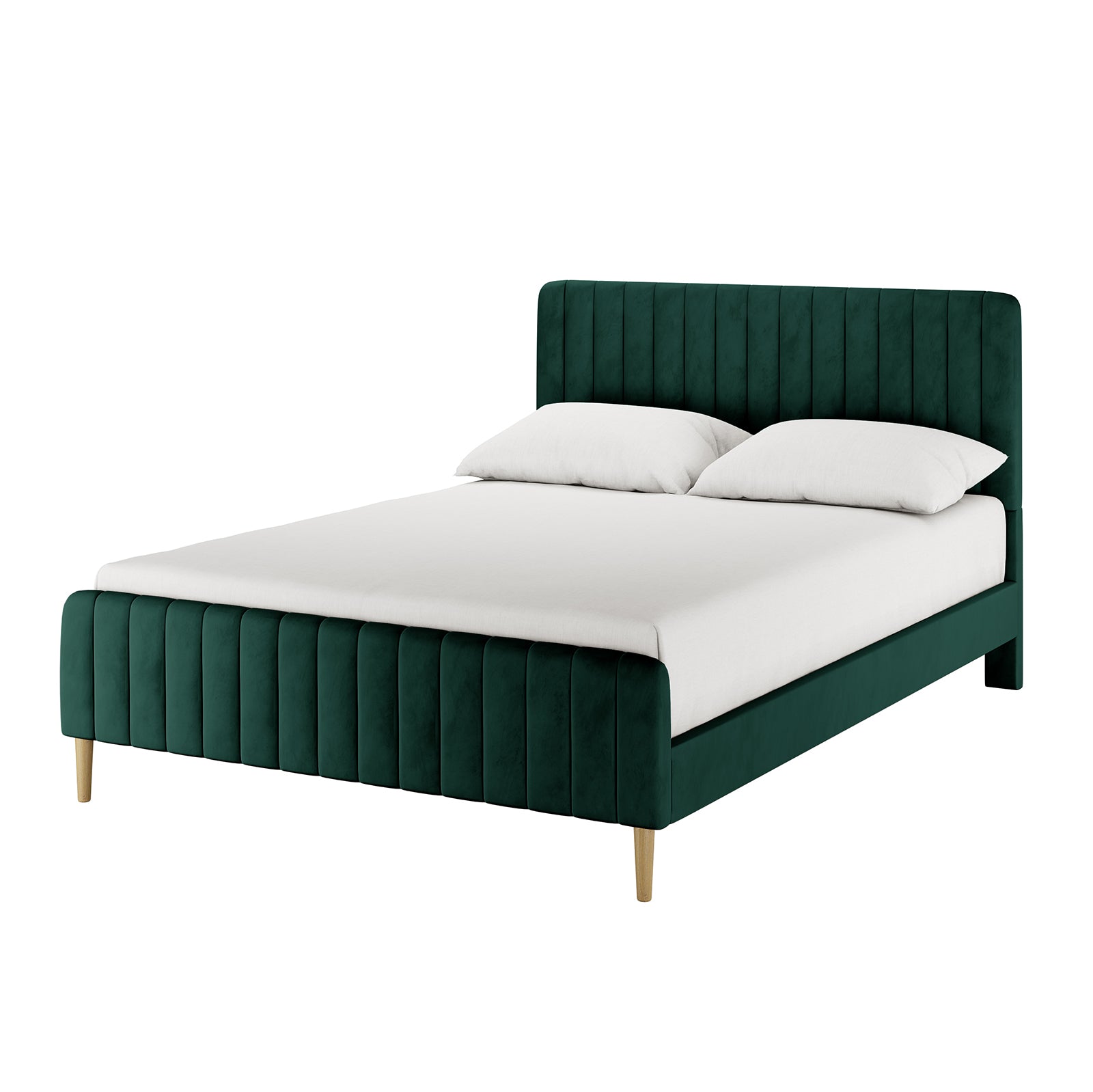 Seneca Double Upholstered Velvet Bed – Green features a luxurious emerald-green velvet frame, with vertically channel-tufted headboard and footboard, supported by slender wooden legs, and accented with white bedding.