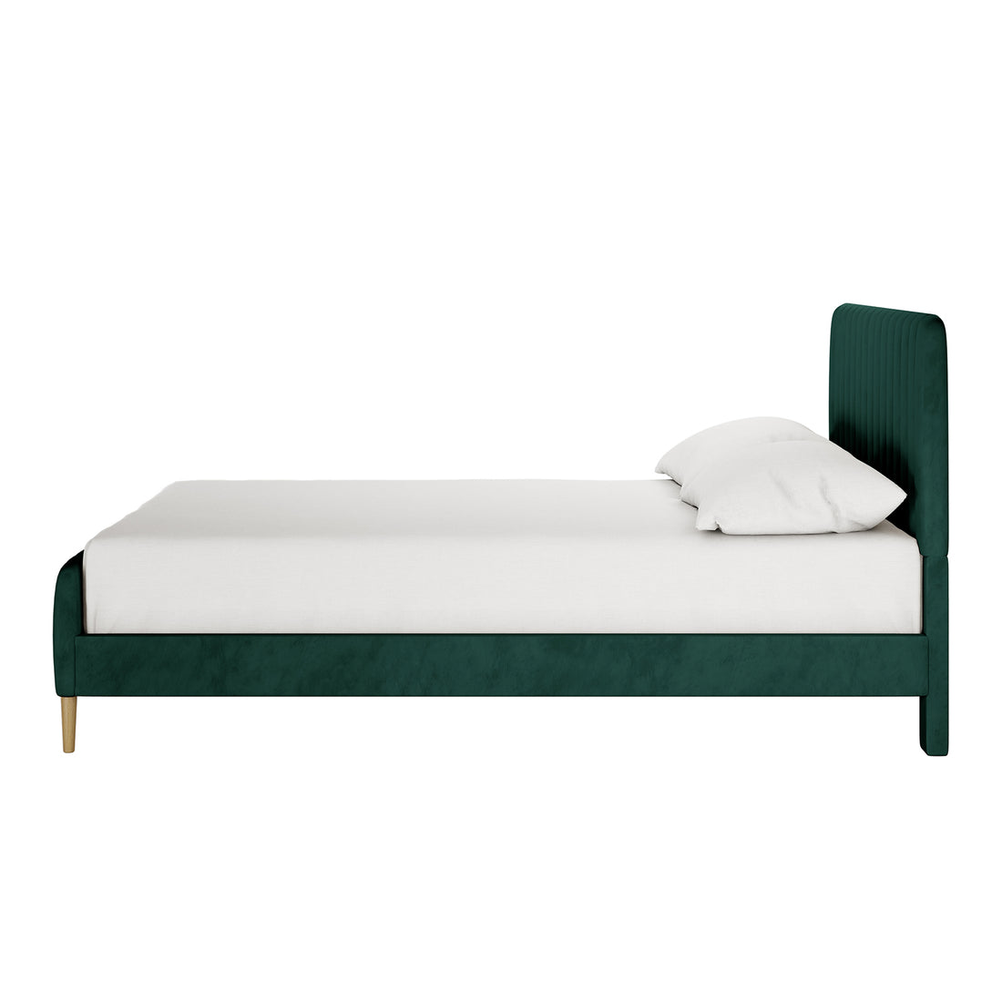 Side view of the Seneca Upholstered Velvet Bed – Queen, featuring a deep green, velvet-like fabric on the low frame and headboard, complemented by wooden legs and a white mattress with a pillow.