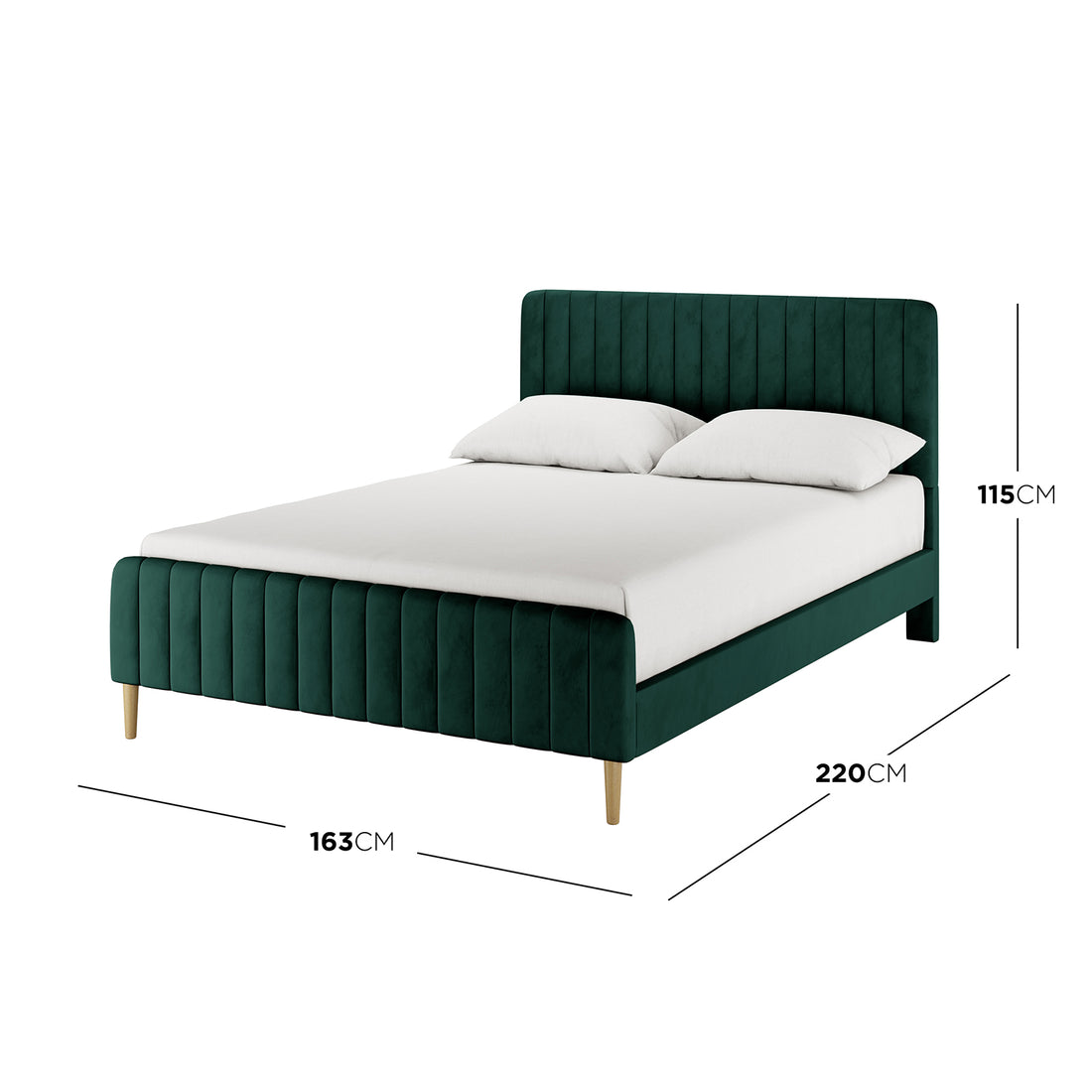 Seneca Double Upholstered Velvet Bed – Green features a tall channel-tufted headboard, matching footboard, and light oak tapered legs, showcasing luxurious green velvet upholstery and precise dimensions for a spacious, modern design.