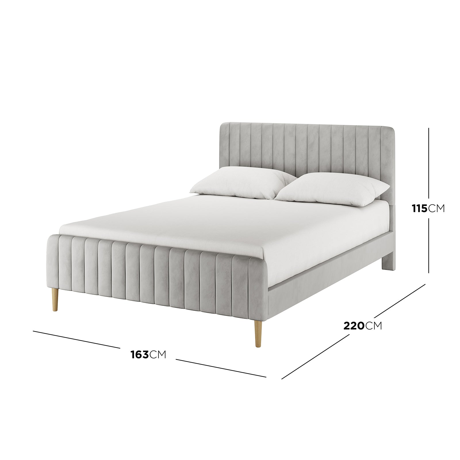 Seneca Queen Upholstered Velvet Bed – Slate features a light grey fabric, channel-tufted headboard and footboard, low-profile side rails, and tapered wooden legs, showcasing modern elegance and comfort.