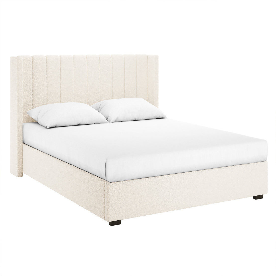Septima & Fulvia Bouclé King Bed Base & Winged Headboard in Cream White, featuring a tall, channel-stitched headboard and fully upholstered base with luxurious bouclé fabric, complemented by plain white bedding.