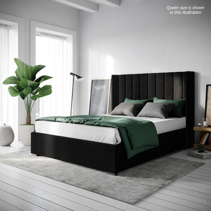 Septima & Fulvia King Bed & Headboard Package – Ink, featuring channel-tufted headboard and solid wood frame, shown in a luxurious bedroom setting with elegant furniture and decor accents.