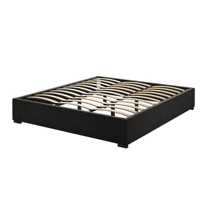 Septima & Fulvia King Bed & Headboard Package – Ink features a black bed frame with wooden slats and a channel-tufted headboard, showcasing luxurious design and stability.