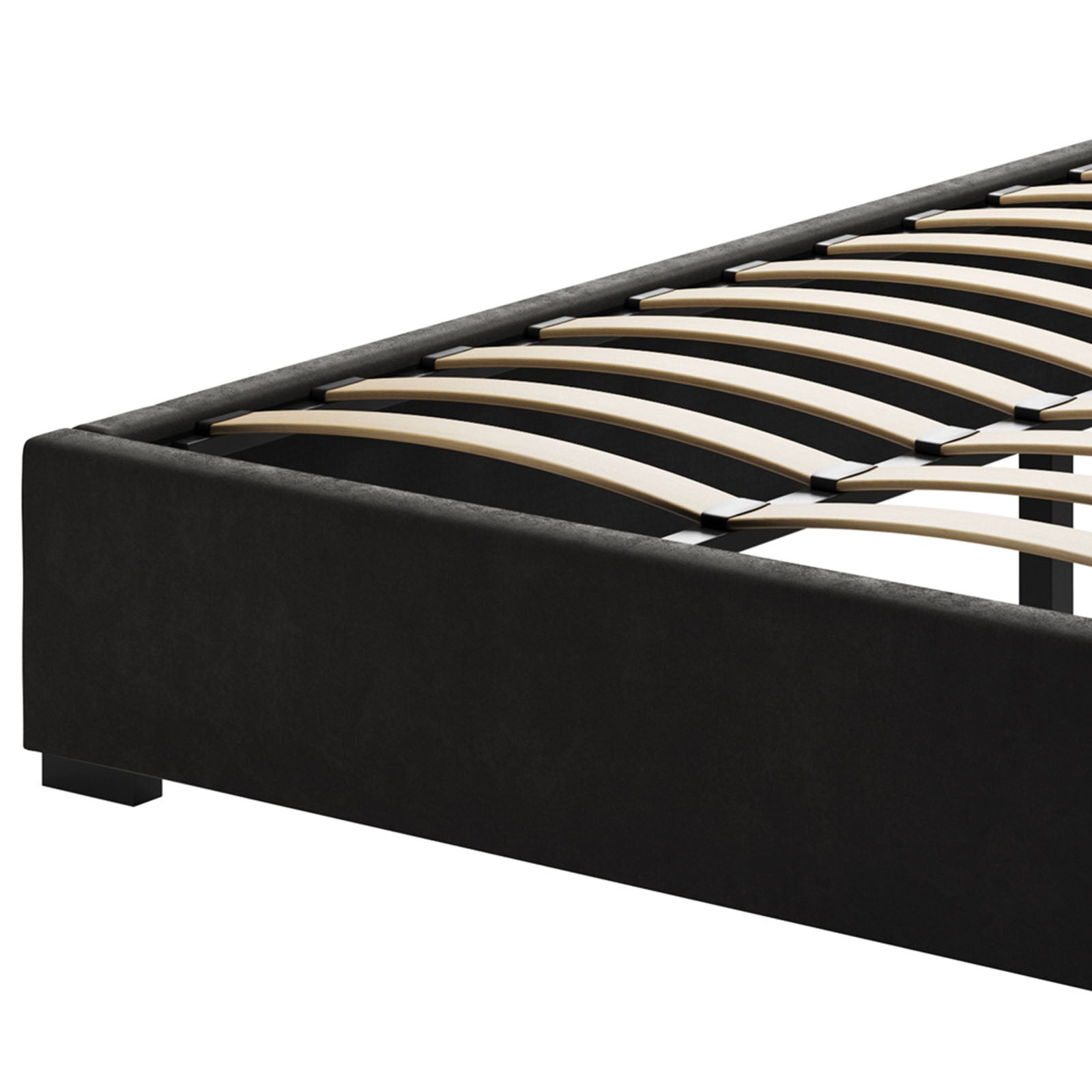 Septima & Fulvia King Bed & Headboard Package – Ink features a sleek black frame with wooden slats, showcasing a channel-tufted headboard for elegance and comfort, enhancing any bedroom's modern aesthetic.