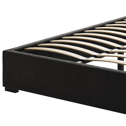 Septima & Fulvia King Bed & Headboard Package – Ink features a sleek black frame with wooden slats, showcasing a channel-tufted headboard for elegance and comfort, enhancing any bedroom's modern aesthetic.