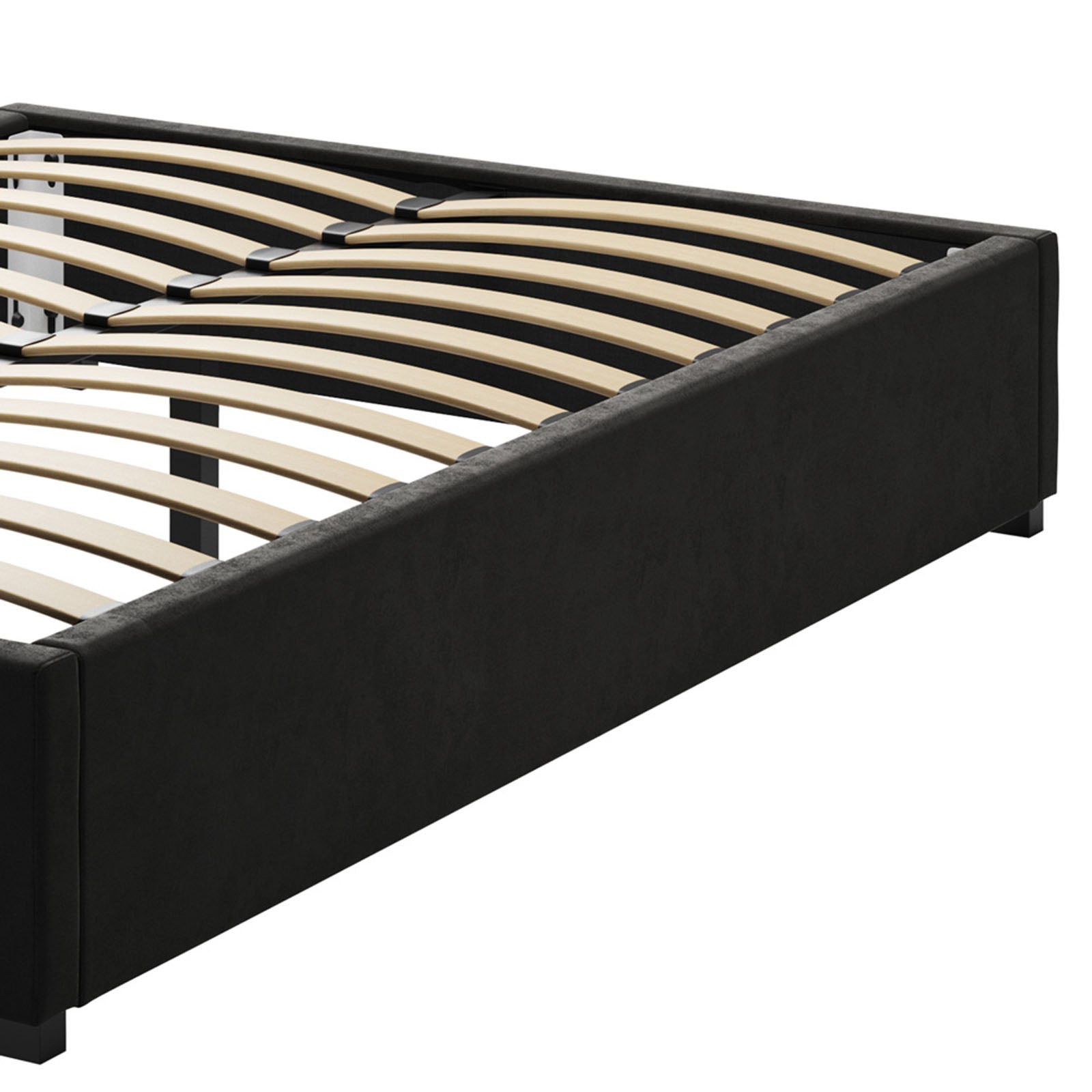 Septima & Fulvia King Bed & Headboard Package – Ink, featuring a black frame with wooden slats and a channel-tufted headboard.