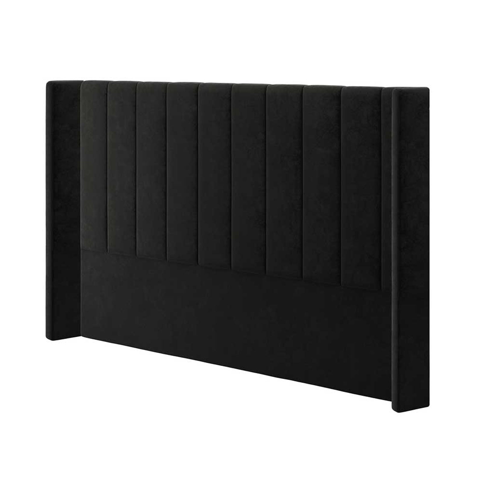 Septima & Fulvia King Bed & Headboard Package – Ink: Close-up of a black, channel-tufted headboard with vertical lines, showcasing its luxurious velvet texture and elegant design for a modern bedroom centerpiece.