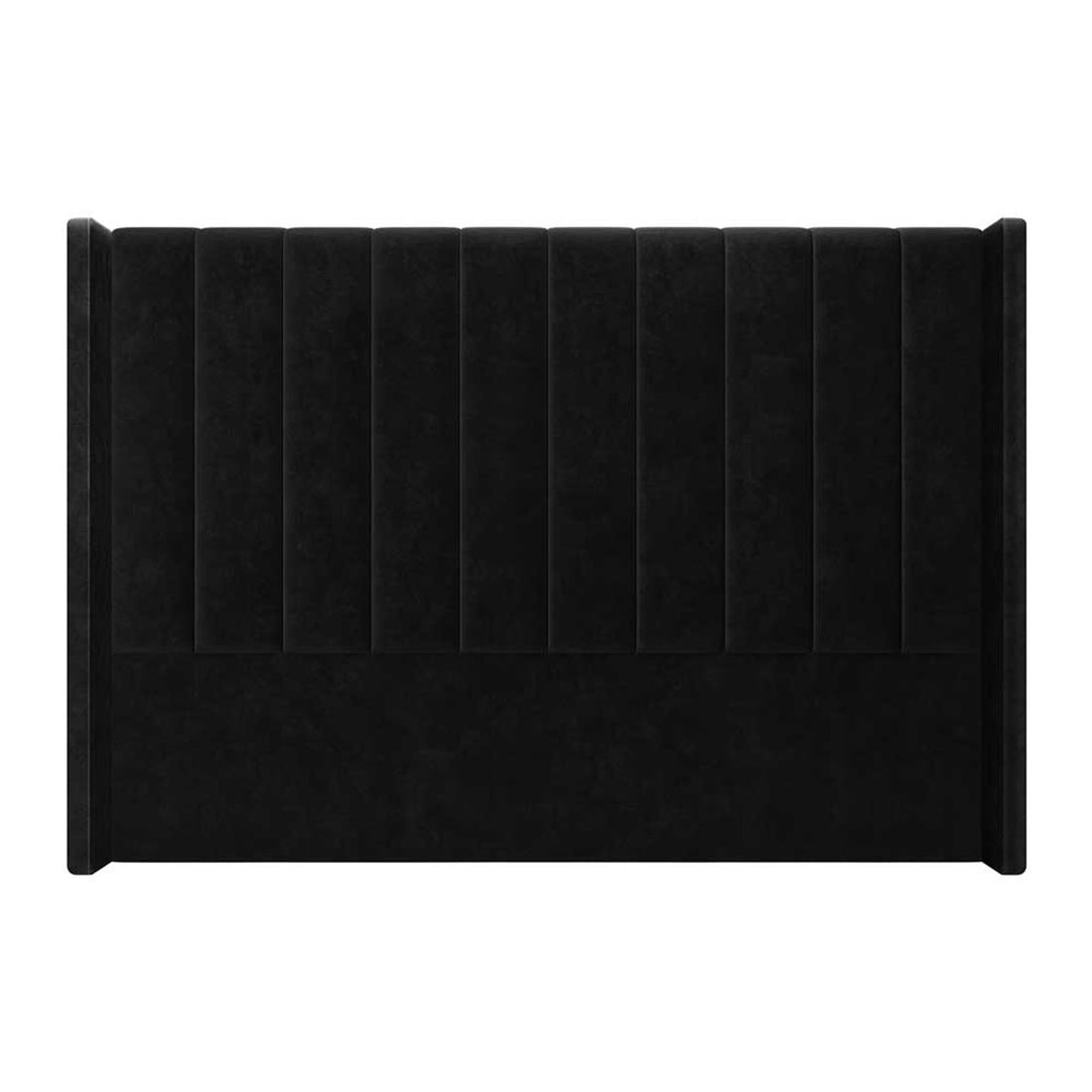Septima & Fulvia King Bed & Headboard Package – Ink features a black velvet headboard with vertical channel tufting, creating a luxurious and elegant centerpiece with a solid, durable frame.