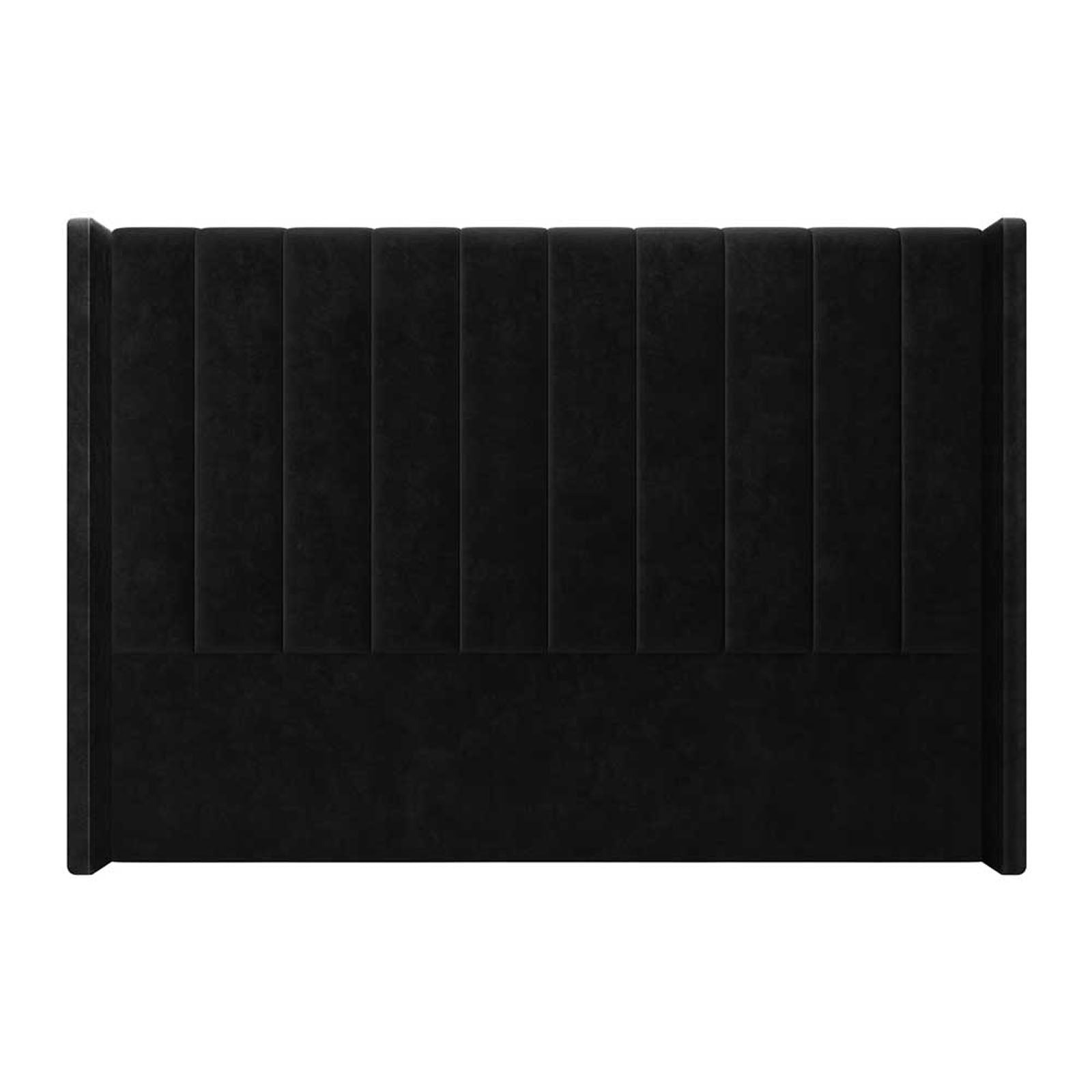 Septima & Fulvia King Bed & Headboard Package – Ink features a black velvet headboard with vertical channel tufting, creating a luxurious and elegant centerpiece with a solid, durable frame.