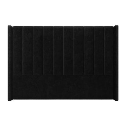 Septima & Fulvia King Bed & Headboard Package – Ink features a black velvet headboard with vertical channel tufting, creating a luxurious and elegant centerpiece with a solid, durable frame.