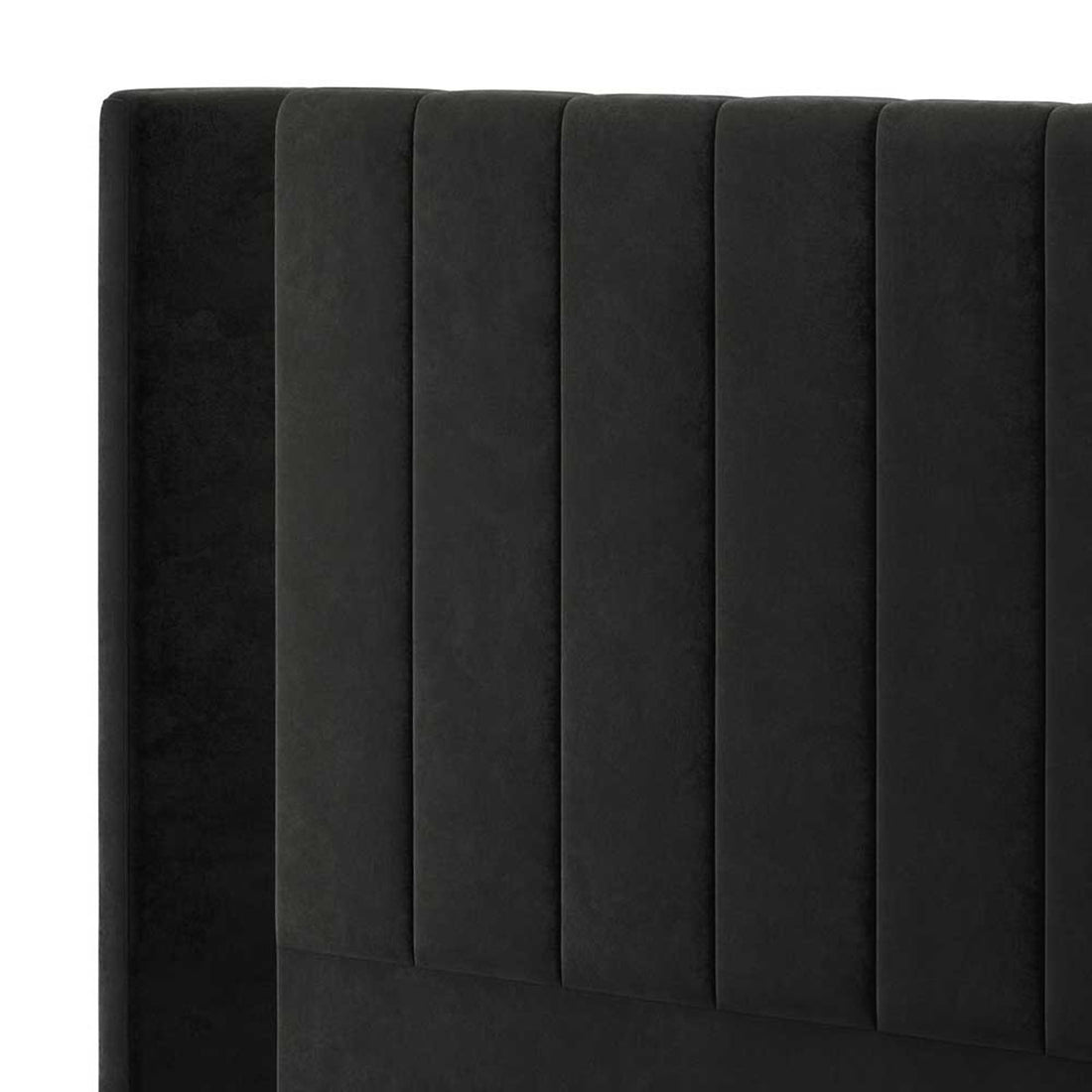 Septima & Fulvia King Bed & Headboard Package – Ink features a sleek black headboard with vertical channel tufting, enhancing its elegant design and adding comfort for lounging or reading.