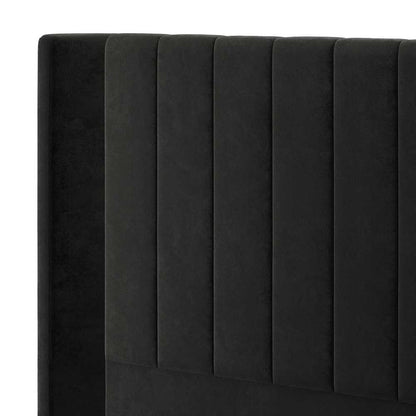 Septima & Fulvia King Bed & Headboard Package – Ink features a sleek black headboard with vertical channel tufting, enhancing its elegant design and adding comfort for lounging or reading.