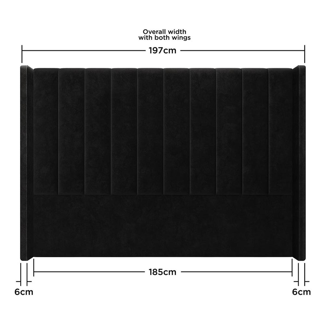 Septima & Fulvia King Bed & Headboard Package – Ink featuring a rectangular, channel-tufted black velvet headboard with solid wood construction, metal side railings, and low-profile design for modern elegance and comfort.