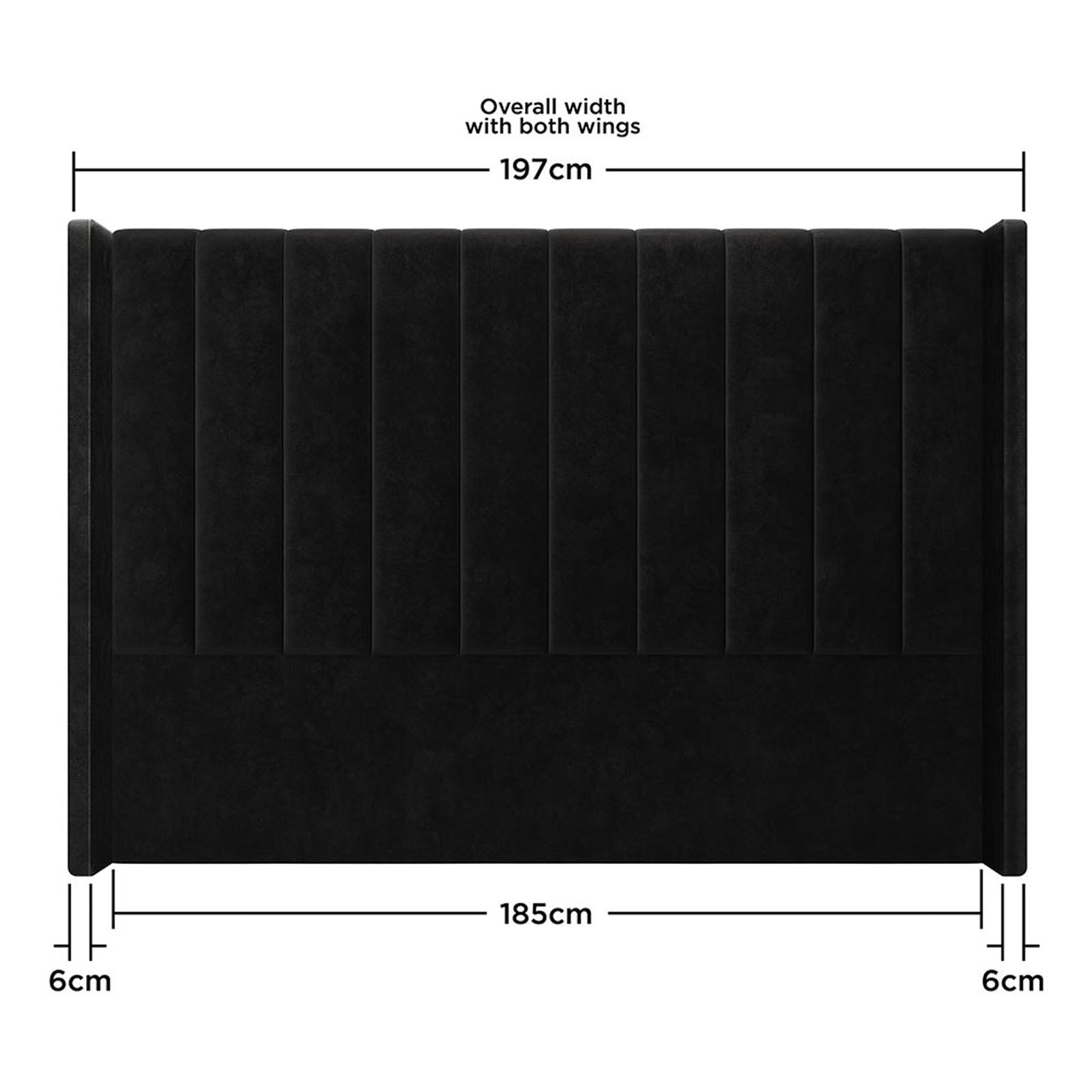 Septima & Fulvia King Bed & Headboard Package – Ink featuring a rectangular, channel-tufted black velvet headboard with solid wood construction, metal side railings, and low-profile design for modern elegance and comfort.