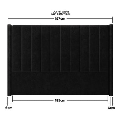 Septima & Fulvia King Bed & Headboard Package – Ink featuring a rectangular, channel-tufted black velvet headboard with solid wood construction, metal side railings, and low-profile design for modern elegance and comfort.
