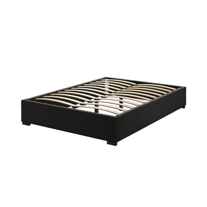 Septima & Fulvia Queen Bed & Headboard Package – Ink: Black bed frame with wooden slats, tufted headboard, and soft velvet fabric, offering modern elegance and sturdy support for a luxurious bedroom.