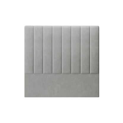 Septima & Gratiana Double Bed & Headboard Package – Slate features a square, light gray upholstered headboard with vertical channel tufting on top and a smooth padded lower section.