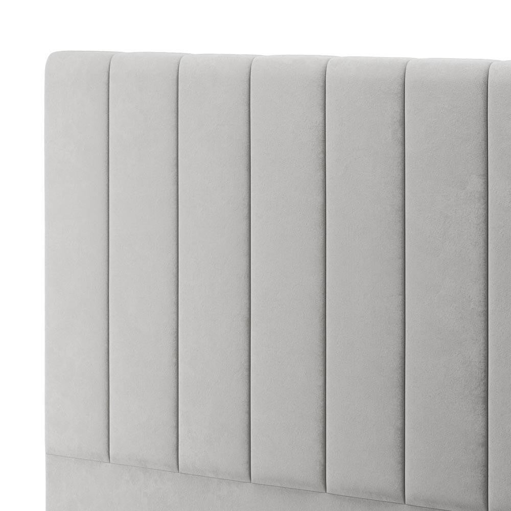 Septima & Gratiana Double Bed & Headboard Package – Slate features a light-grey, channel-tufted upholstered headboard with plush padding, offering a luxurious and sophisticated touch to bedroom decor.