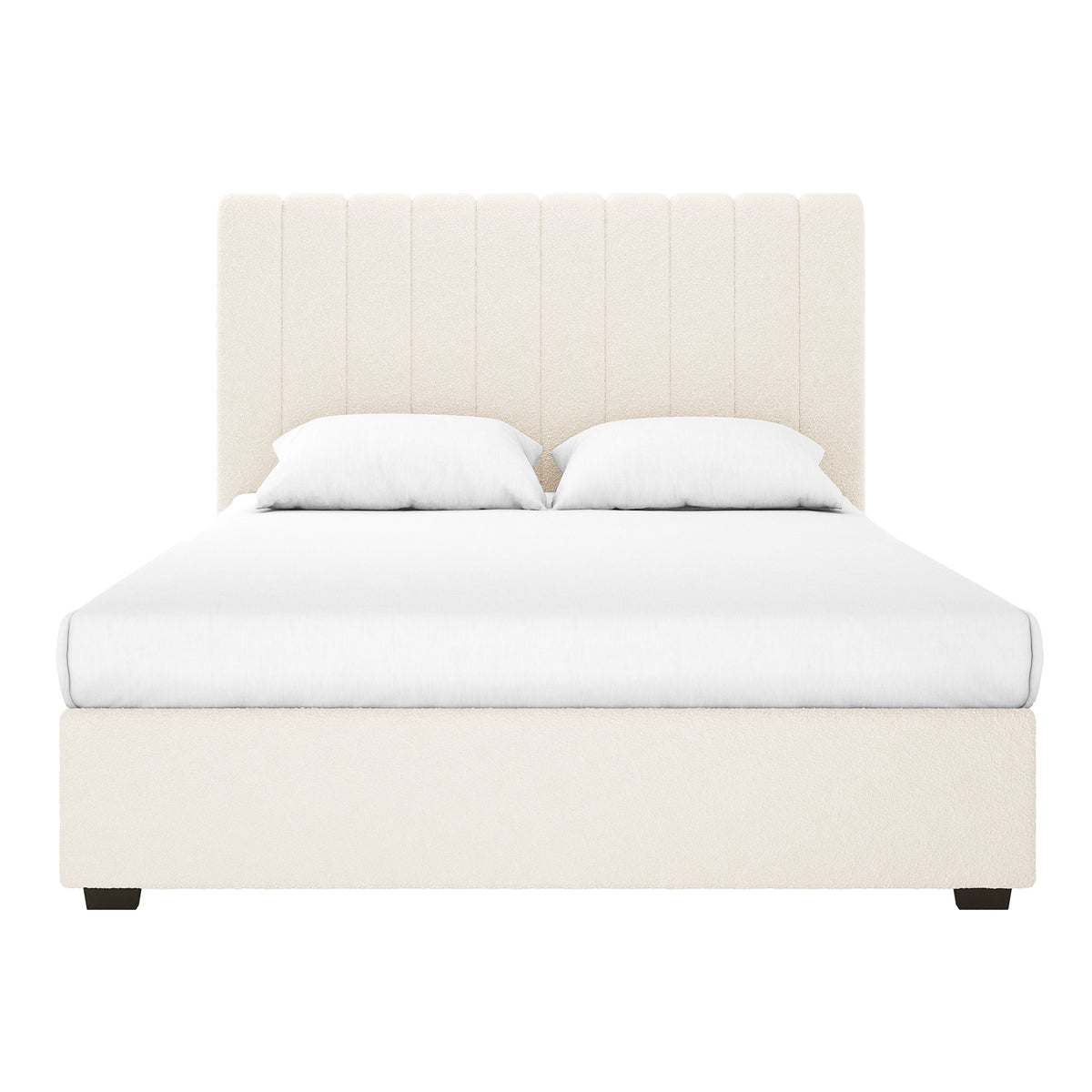 Septima & Gratiana King Bed Base & Headboard in Cream White, featuring a low-profile frame and a vertically channel-tufted headboard, complemented by a white mattress and pillows for a modern bedroom setup.