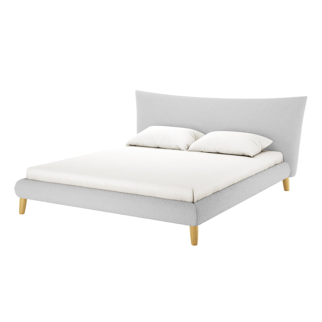 Estilla Boucle Upholstered Rainbow Single Bed features a cream white low-profile design with a gently curved headboard, simple padded side rails, and four short wooden legs, complemented by white bedding and pillows.