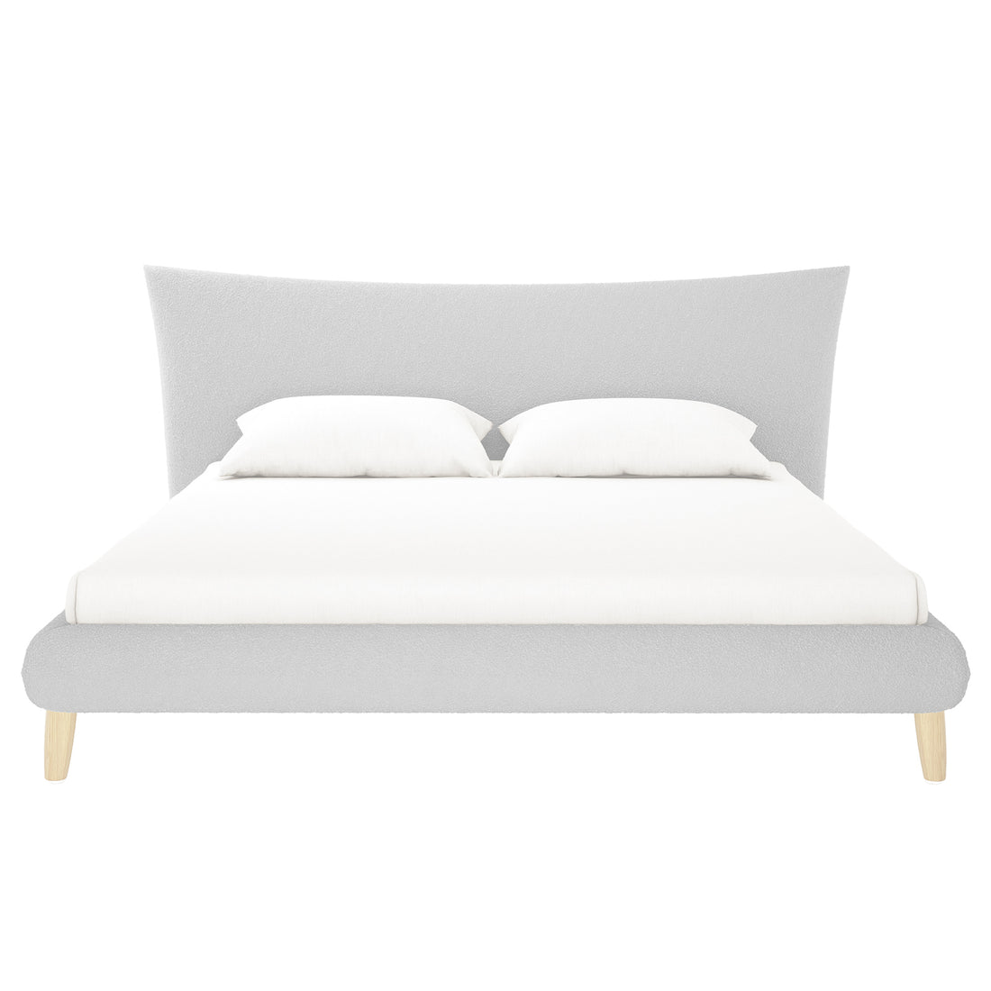 Estilla Boucle Upholstered Rainbow Single Bed features a modern light-gray design with a flared headboard, low footboard, and four tapered wooden legs, dressed in a white fitted sheet and pillows.