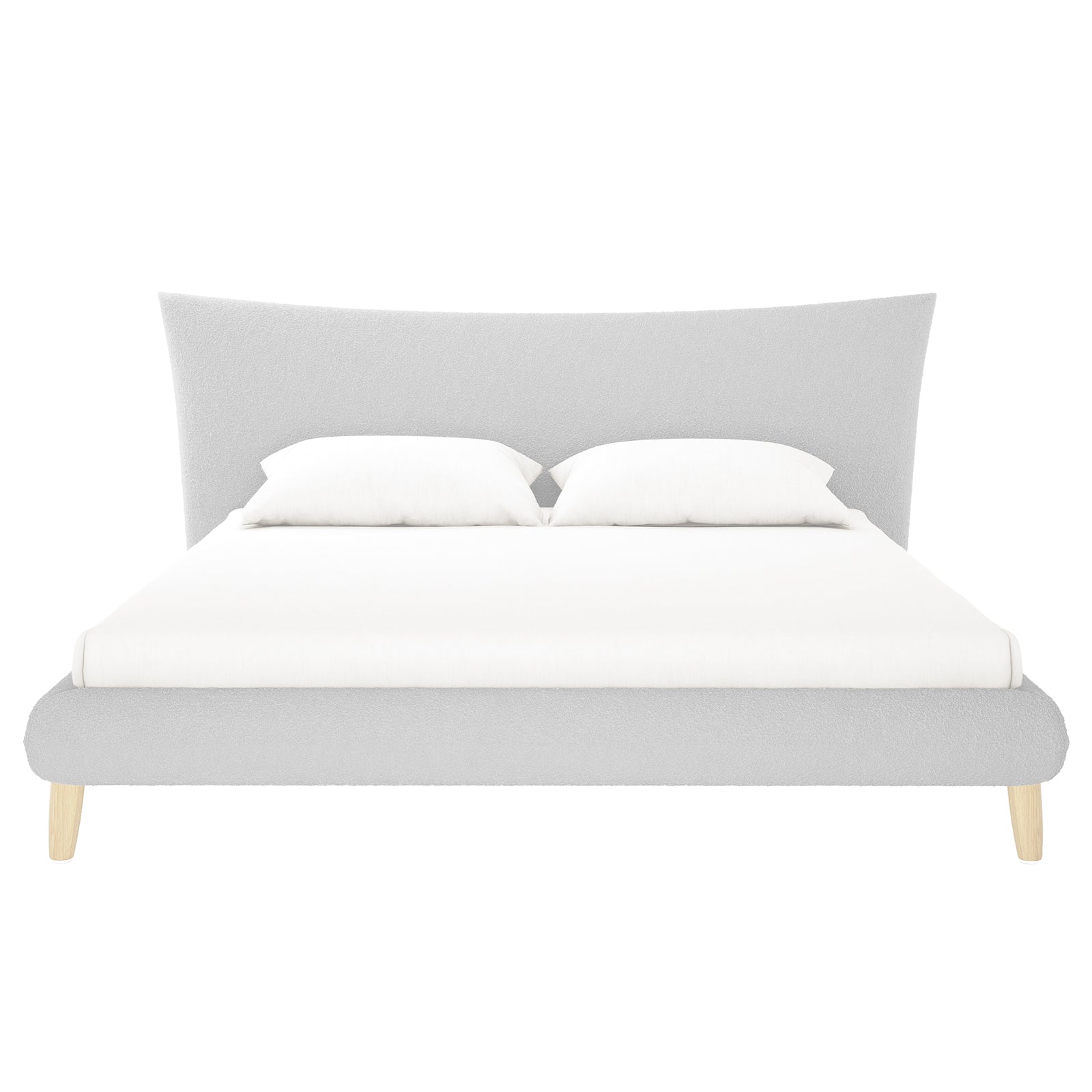 Estilla Boucle Upholstered Rainbow Single Bed features a modern light-gray design with a flared headboard, low footboard, and four tapered wooden legs, dressed in a white fitted sheet and pillows.