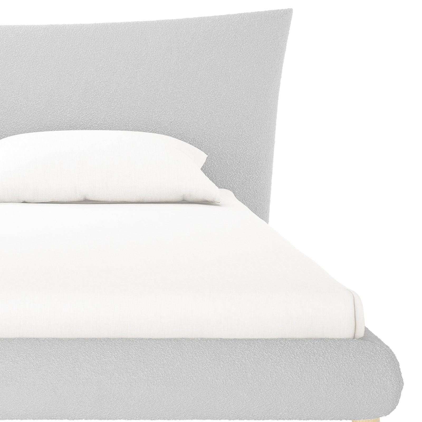 Estilla Boucle Upholstered Rainbow Single Bed features a low-profile platform frame with a textured headboard, fitted with a white sheet and pillow, offering a sleek, modern look.