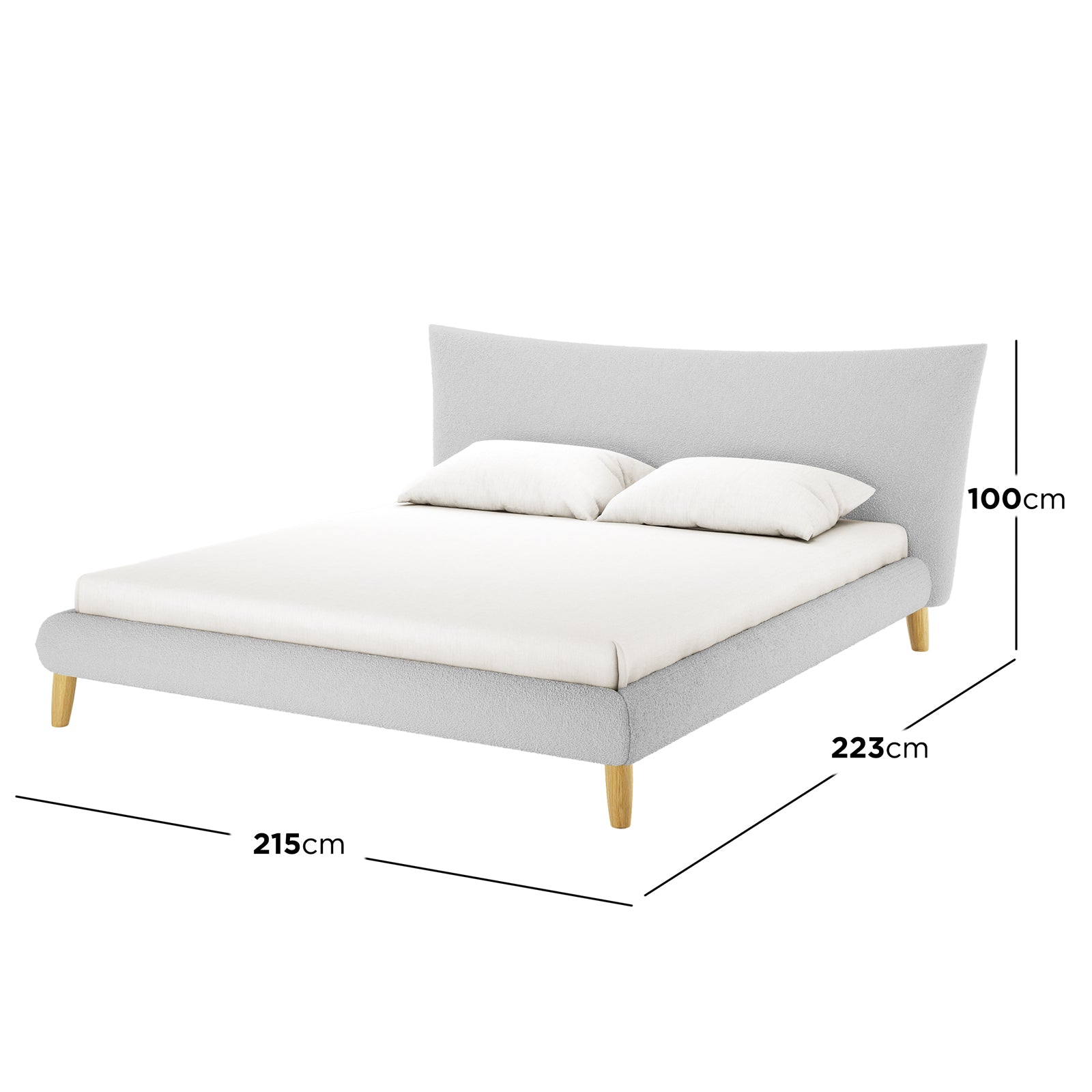 Estilla Boucle Upholstered Rainbow Single Bed - Cream White features a low-profile frame in light grey bouclé fabric, with a padded, flared headboard and four natural-finished wooden legs. Two pillows rest on the mattress.