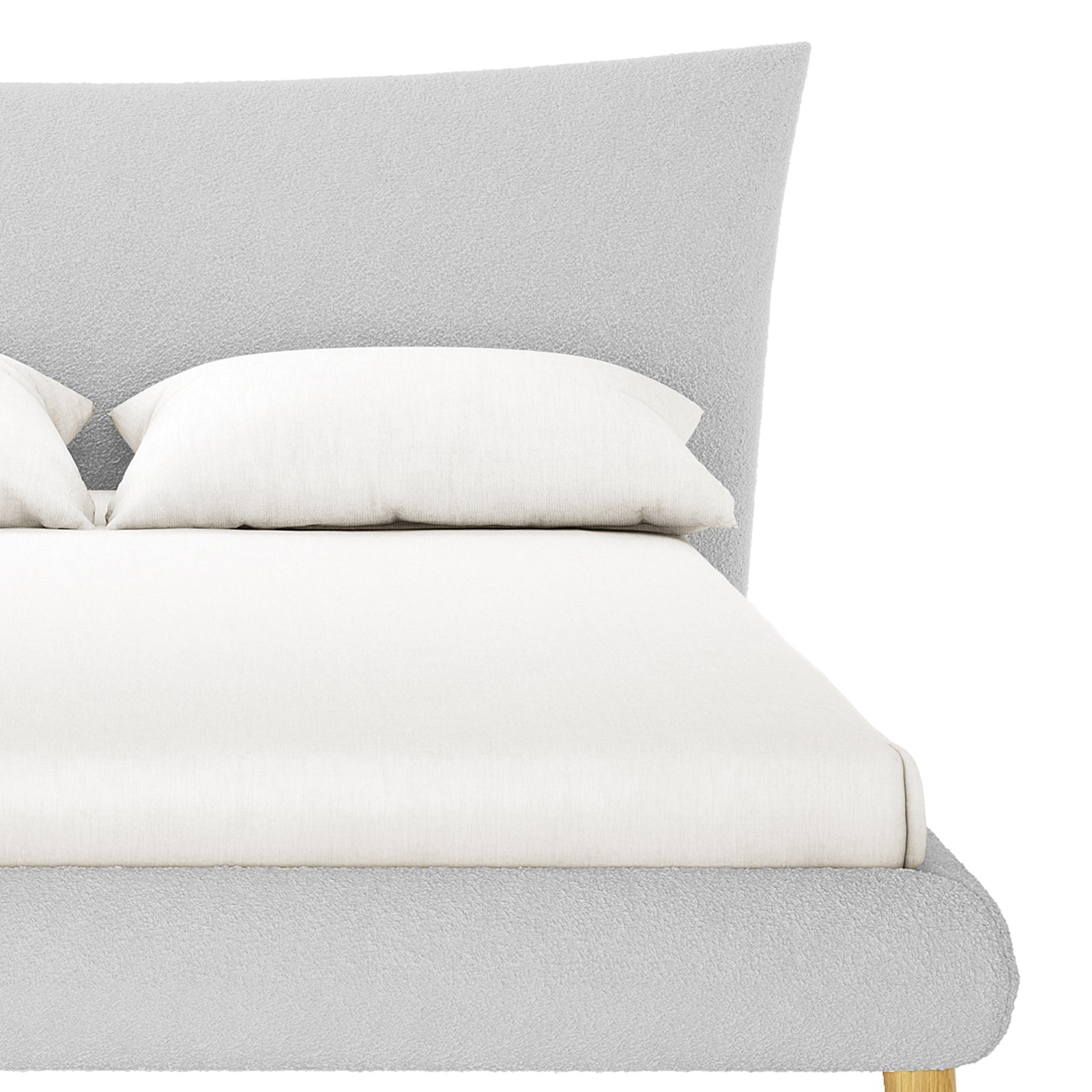 Silvina Upholstered Boucle Bed - Queen - Light Grey features a plush fabric platform frame, matching slanted headboard, and wooden legs with a white fitted sheet and pillows on top.