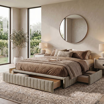 Solin King Fluted Storage Bed Base in  Warm Beige Boucle