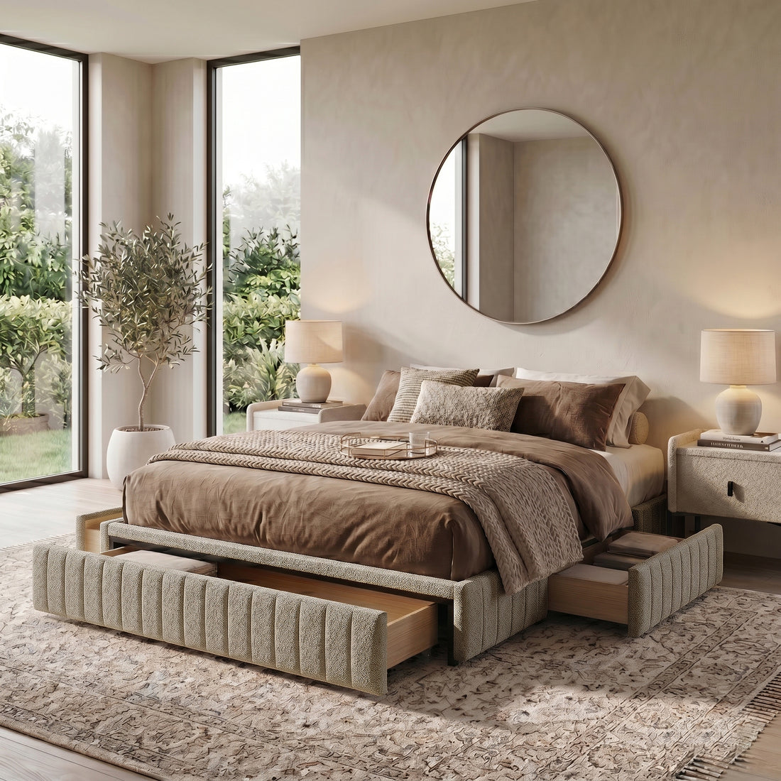 Solin Queen Fluted Storage Bed Base in Warm Beige Boucle