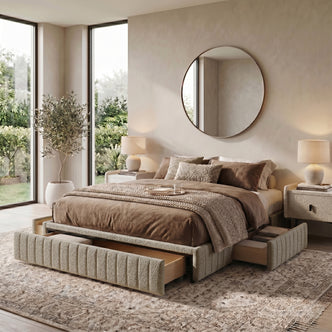 Solin Queen Fluted Storage Bed Base in Warm Beige Boucle
