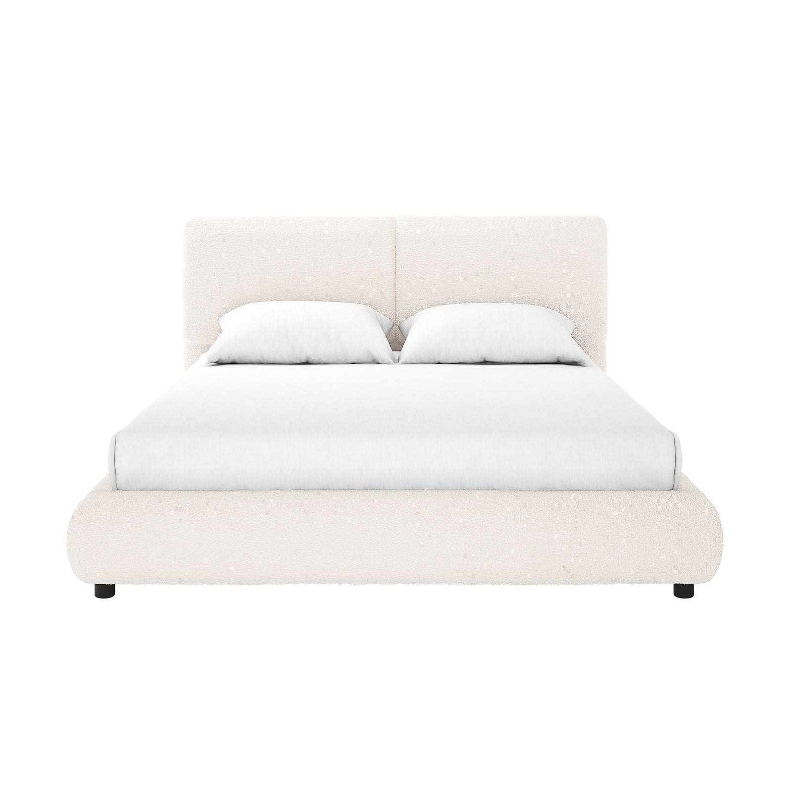 Stacy Queen Boucle Bed Frame in Cream White showcases a modern, low-profile design with padded vertical headboard panels, creamy boucle upholstery, and short black legs, complete with white bedding.